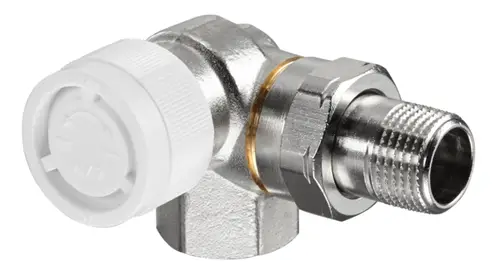 Oventrop Thermostatventil in Winkeleck-Ausführung mit Anschlüssen. Sichtbares Gehäuse aus Metall mit einem weißen Regelungsrad.